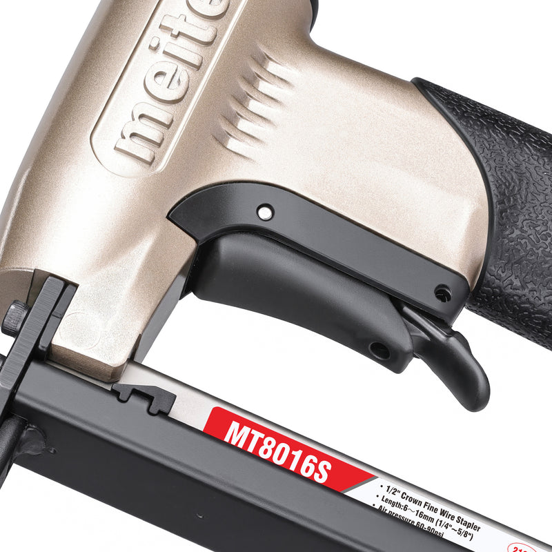 Close-up of the trigger section of the meite USA MT8016S 21Ga 1/2'' crown pneumatic upholstery stapler