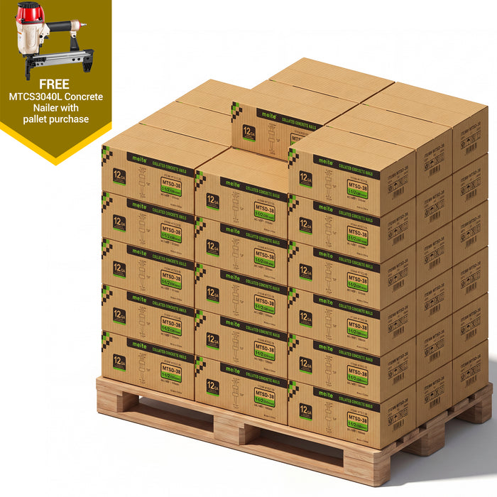 a pallet of Meite USA 1-1/2'' Plastic Collated Concrete Pins displayed on a white background, including 10,000 pcs per box, 60 boxes in total
