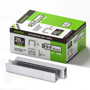 Meite USA 20 Gauge 1/2" Crown upholstery staples box pack on a white background, 3/4'' length with 3000 pieces per box, shown with two strips of staples in front