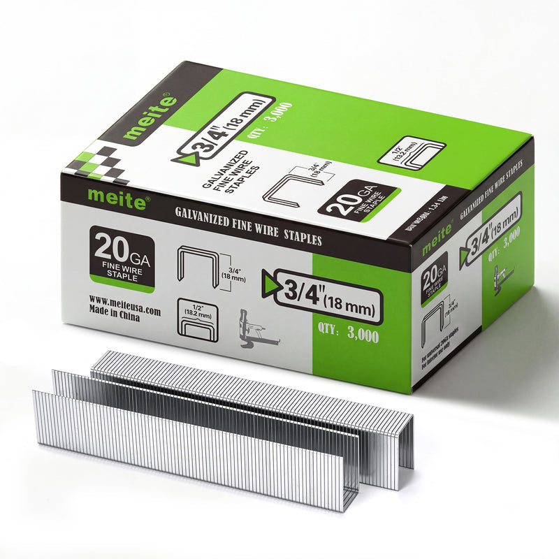 Meite USA 20 Gauge 1/2" Crown upholstery staples box pack on a white background, 3/4'' length with 3000 pieces per box, shown with two strips of staples in front