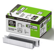 Meite USA 20 Gauge 1/2" Crown upholstery staples box pack on a white background, 13/16'' length with 3000 pieces per box, shown with two strips of staples in front