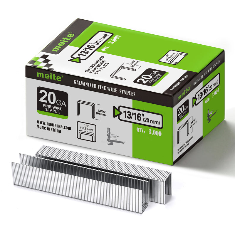 Meite USA 20 Gauge 1/2" Crown upholstery staples box pack on a white background, 13/16'' length with 3000 pieces per box, shown with two strips of staples in front