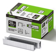 Meite USA 20 Gauge 1/2" Crown upholstery staples box pack on a white background, 7/8'' length with 3000 pieces per box, shown with two strips of staples in front