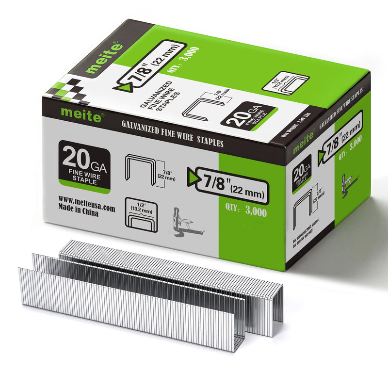 Meite USA 20 Gauge 1/2" Crown upholstery staples box pack on a white background, 7/8'' length with 3000 pieces per box, shown with two strips of staples in front
