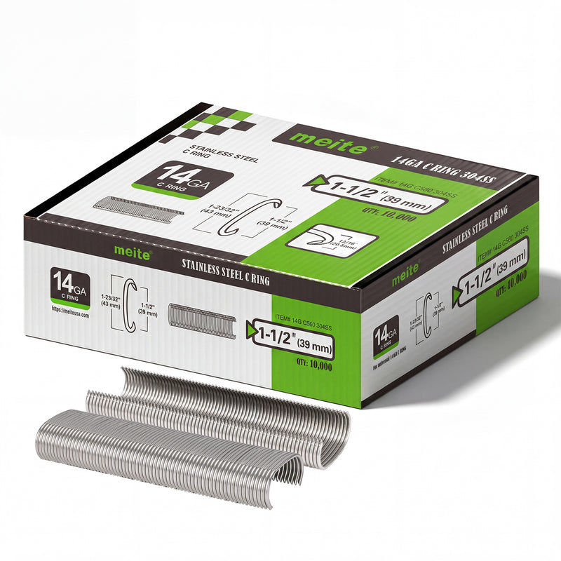 Meite USA one box of meite USA 14 gauge 1-1/2" crown stinless steel hog rings at 10000 pieces per box, displayed on a white background