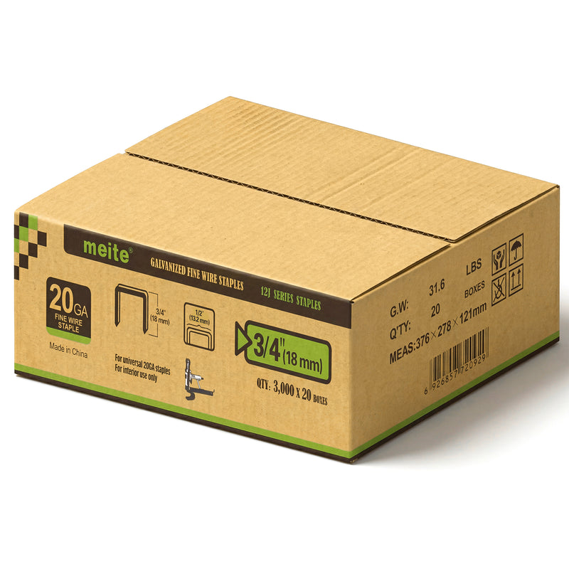 Meite USA 20 Gauge 1/2" Crown upholstery staples case pack on a white background, 3/4'' length with 20 boxes per case