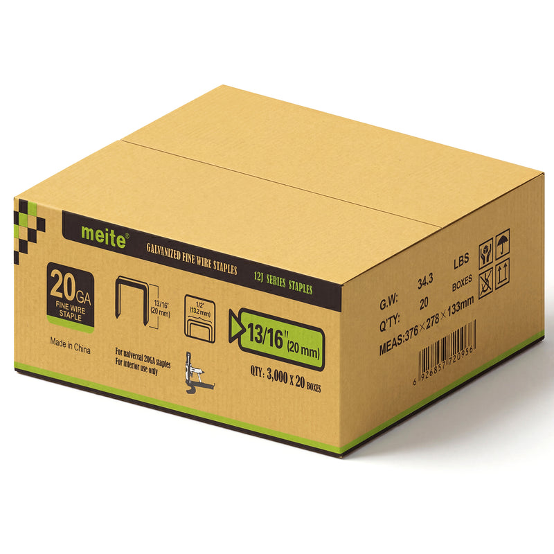 Meite USA 20 Gauge 1/2" Crown upholstery staples case pack on a white background, 13/16'' length with 20 boxes per case
