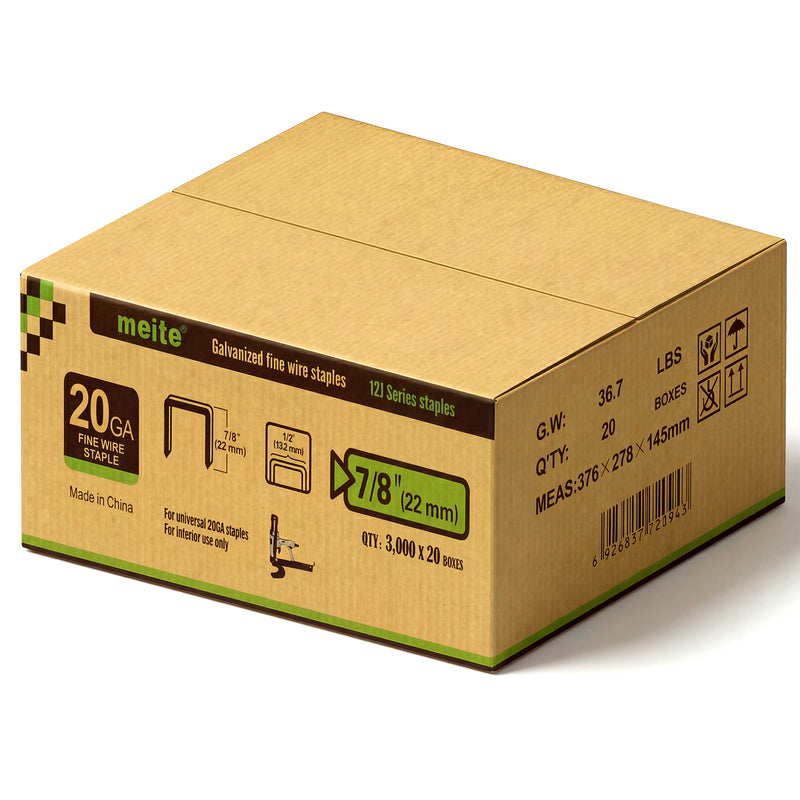 Meite USA 20 Gauge 1/2" Crown upholstery staples case pack on a white background, 7/8'' length with 20 boxes per case