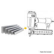 meite USA 18 gauge 1/4" narrow crown staples with a compatible stapler line drawing on a white background