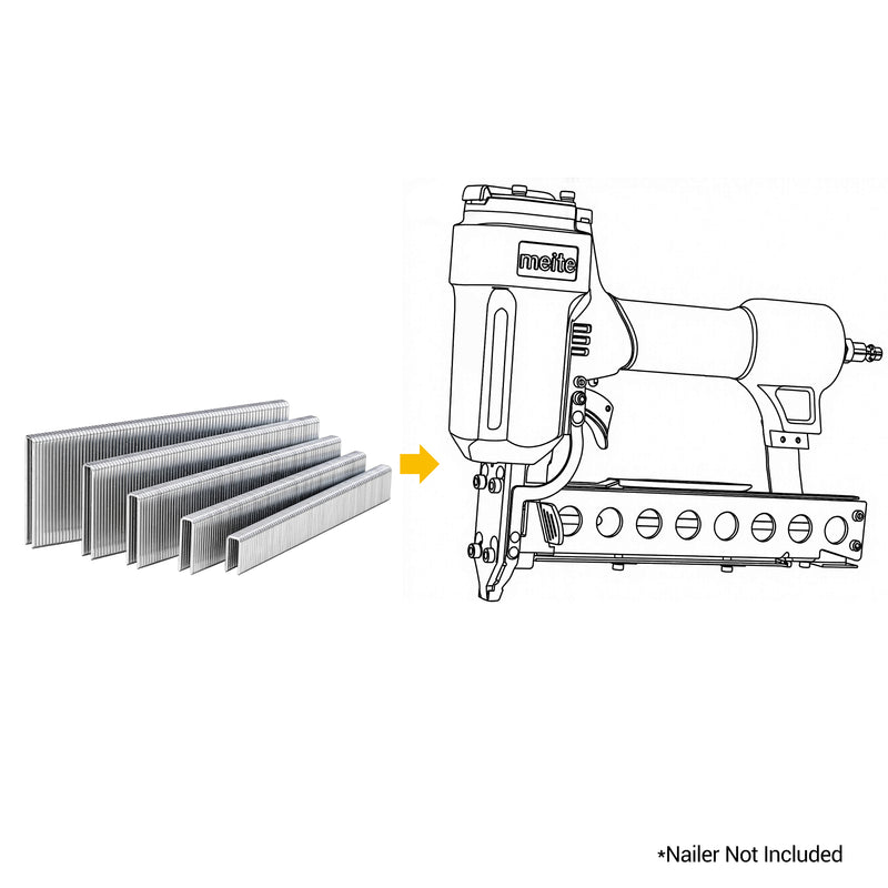 meite USA 18 gauge 1/4" narrow crown staples with a compatible stapler line drawing on a white background