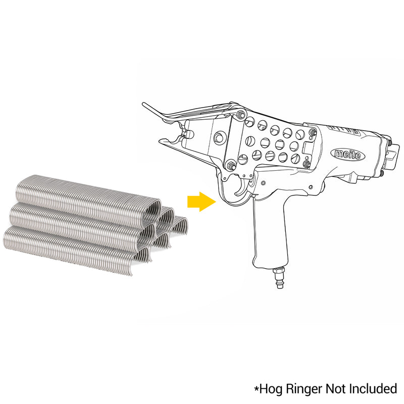 Meite USA 14 gauge 1-1/2" crown hog rings and compatible hog ringer in sketch on a white background