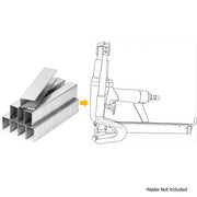 Meite USA 20 Gauge 1/2 crown 12J Series galvanized upholstery staples with a compatible stapler line drawing on a white background