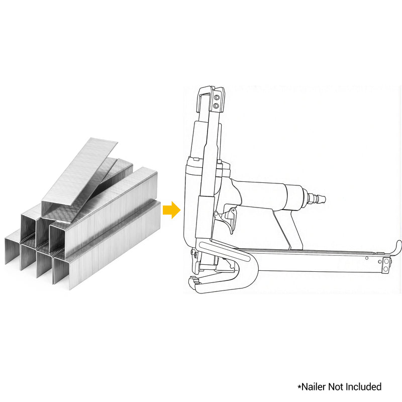 Meite USA 20 Gauge 1/2 crown 12J Series galvanized upholstery staples with a compatible stapler line drawing on a white background