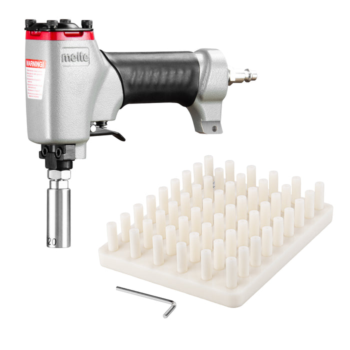 Meite USA 1620 Pneumatic Deco Nailer, pallet tray, and hex wrench display on white background
