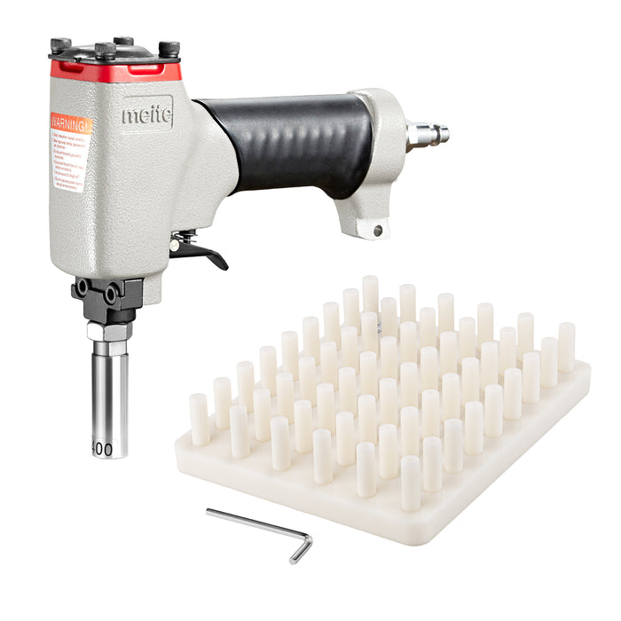 Meite USA 1400 Pneumatic Deco Nailer, pallet tray, and hex wrench display on white background