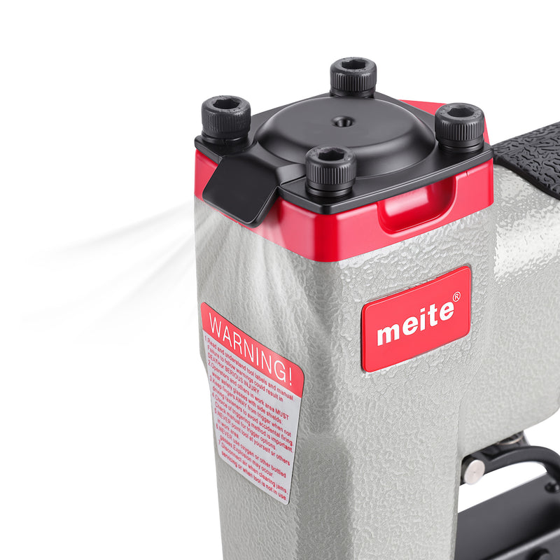 Close-up of the exhaust outlet of the top of meite USA P622C 23 gauge pneumatic pin nailer