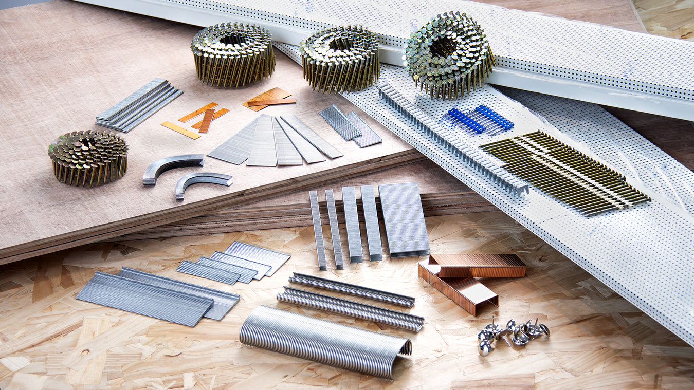 Meite USA fasteners series on wood workshop background, showing coil nails, brad nails, finish nails, framing nails, staples, hog rings and so on.