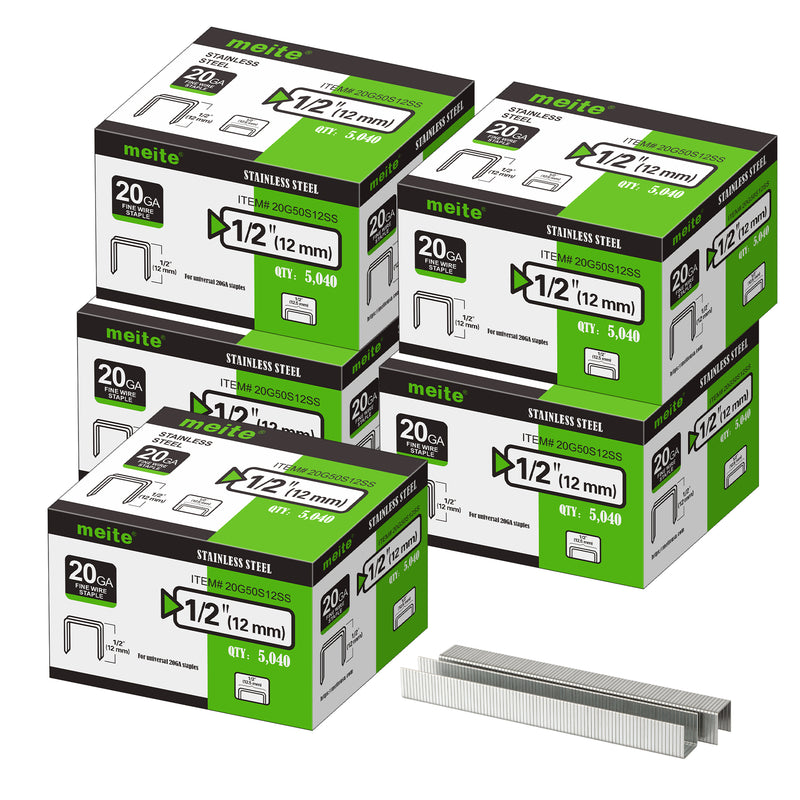 Meite USA five boxes of 20Ga 1/2-inch crown 1/2'' length 304 stainless steel upholstery staples with 5040 pieces per box on a white background, shown with two rows of galvanized staples in front