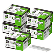 Meite USA five boxes of 20Ga 1/2-inch crown 1/4'' length 304 stainless steel upholstery staples with 5040 pieces per box on a white background, shown with two rows of galvanized staples in front