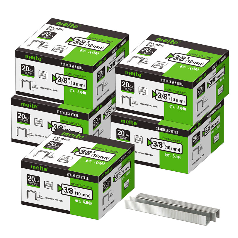 Meite USA five boxes of 20Ga 1/2-inch crown 3/8'' length 304 stainless steel upholstery staples with 5040 pieces per box on a white background, shown with two rows of galvanized staples in front