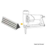 Meite USA 22 Gauge 3/8'' crown 304 stainless steel upholstery staples with a compatible stapler line drawing on a white background