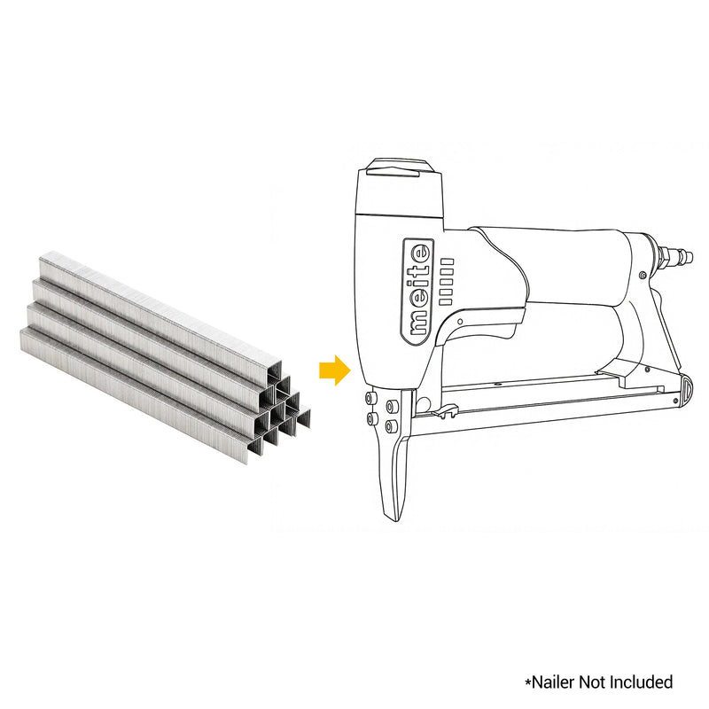Meite USA 22 Gauge 3/8'' crown 304 stainless steel upholstery staples with a compatible stapler line drawing on a white background