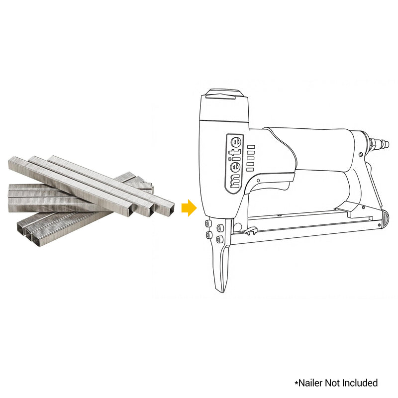 Meite USA 22 Gauge 3/8'' crown 316 stainless steel upholstery staples with a compatible stapler line drawing on a white background