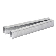 Two strips of meite 22 gauge 13/32-inch crown galvanized fine wire staples on a white background