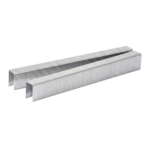 Two strips of meite 22 gauge 13/32-inch crown galvanized fine wire staples on a white background