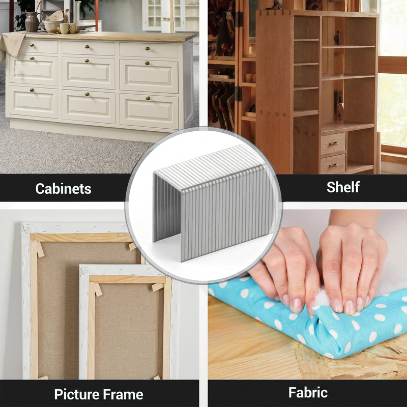 Applications of meite 22 gauge fine wire staples for cabinets, shelves, picture frames and fabric