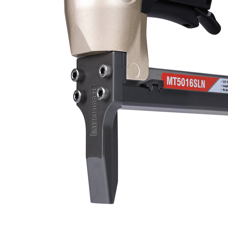 meite USA MT5016SLN 20 gauge long nose stapler close-up showing extended narrow nose design for precise stapling in tight or narrow spaces
