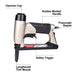 meite USA MT5016SLN pneumatic stapler labeled diagram showing hammer cap, rubber molded handle, safety trigger, and lengthened thin muzzle design