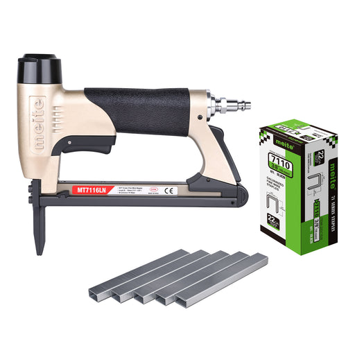 Overview of meite USA MT7116 22Ga 1/2'' Crown Pneumatic Upholstery Stapler with one box compatible staples