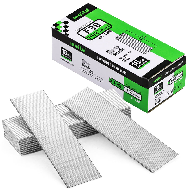 One box and nail strips of meite USA 18 gauge galvanized brad nails with 1-1/2-inch length and 5,000 nails on a white background