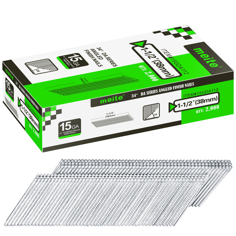 Meite USA 1-1/2 inch 15 gauge 34 degree angled finish nails, galvanized collated strips in a 2,000-count box