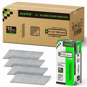 Case of Meite USA 1-1/2 inch 38 mm angled finish nails containing 8 retail boxes of 2,000 nails each, with one inner box displayed