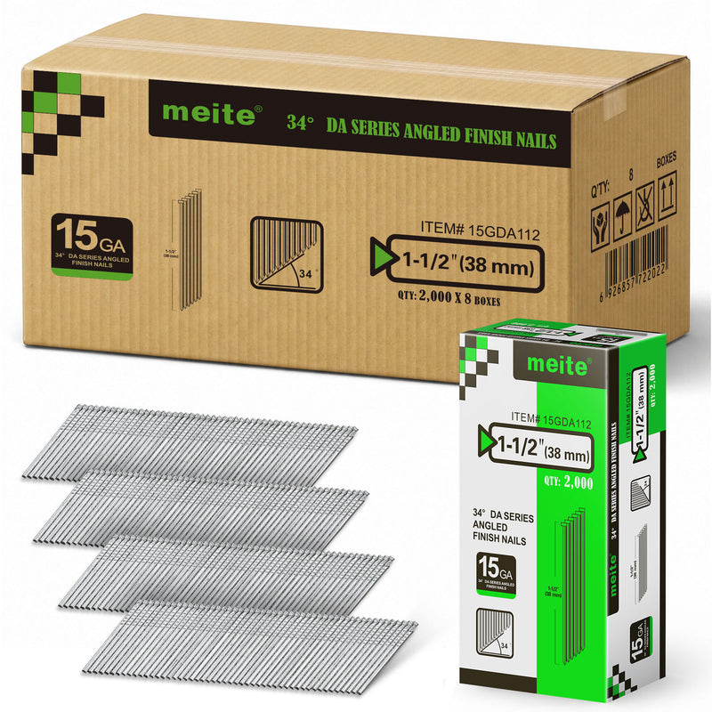 Case of Meite USA 1-1/2 inch 38 mm angled finish nails containing 8 retail boxes of 2,000 nails each, with one inner box displayed