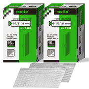 Two retail boxes of Meite USA 1-1/2 inch 38 mm 16 gauge 20 degree angled finish nails, 2,000 galvanized nails per box