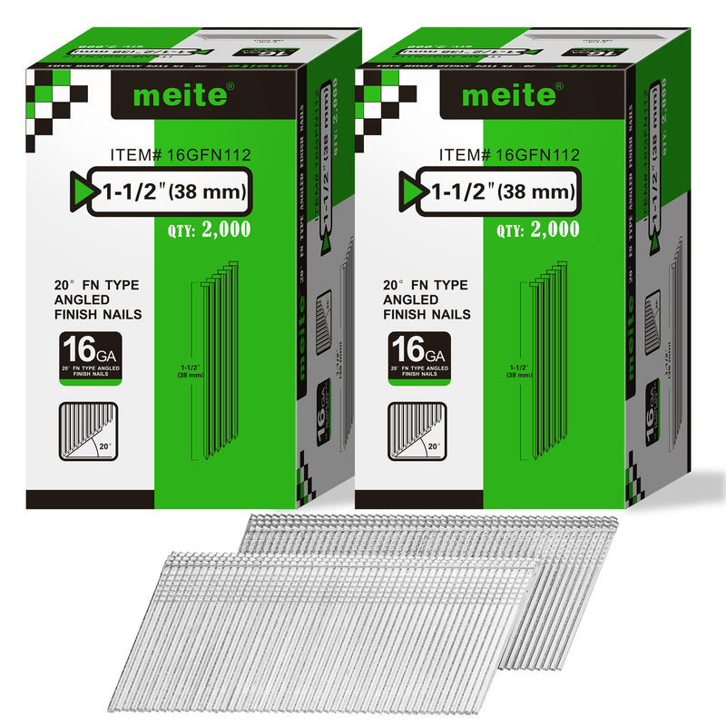 Two retail boxes of Meite USA 1-1/2 inch 38 mm 16 gauge 20 degree angled finish nails, 2,000 galvanized nails per box