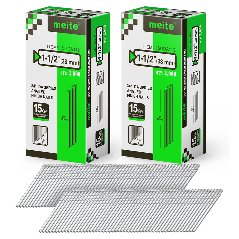 Two retail boxes of Meite USA 1-1/2 inch 38 mm 15 gauge 34 degree angled finish nails, 2,000 galvanized nails per box