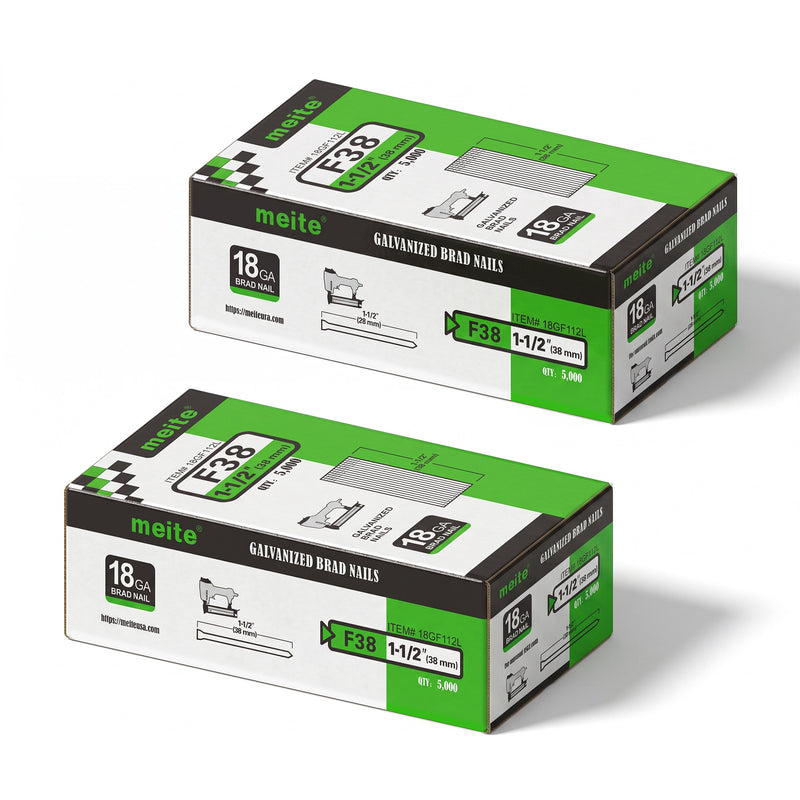 Two boxes of meite USA 18 gauge galvanized brad nails with 1-1/2-inch length, 5,000 per box and 10,000 nails total, on a white background