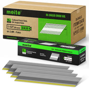 Case of Meite USA 1-1/2 inch D-head angled finish nails containing 8 retail boxes of 2,400 nails each, with one inner box displayed