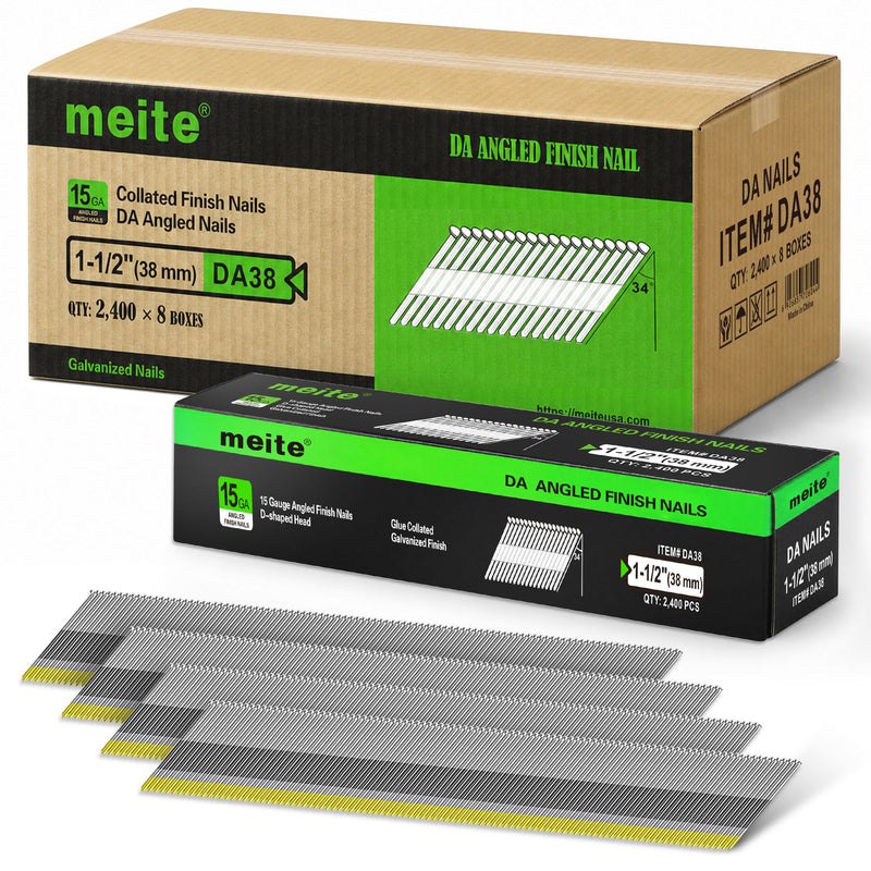 Case of Meite USA 1-1/2 inch D-head angled finish nails containing 8 retail boxes of 2,400 nails each, with one inner box displayed