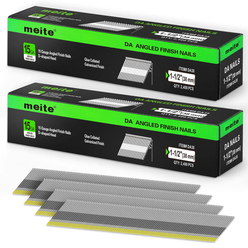 Two retail boxes of Meite USA 1-1/2 inch 15 gauge 34 degree D-head angled finish nails, 2,400 galvanized nails per box