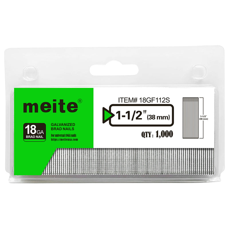 One pack of meite USA 18 gauge galvanized brad nails with 1-1/2-inch length and 1,000 nails on a white background