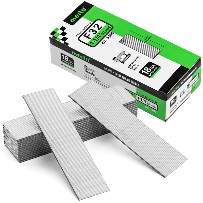 One box and nail strips of meite USA 18 gauge galvanized brad nails with 1-1/4-inch length and 5,000 nails on a white background