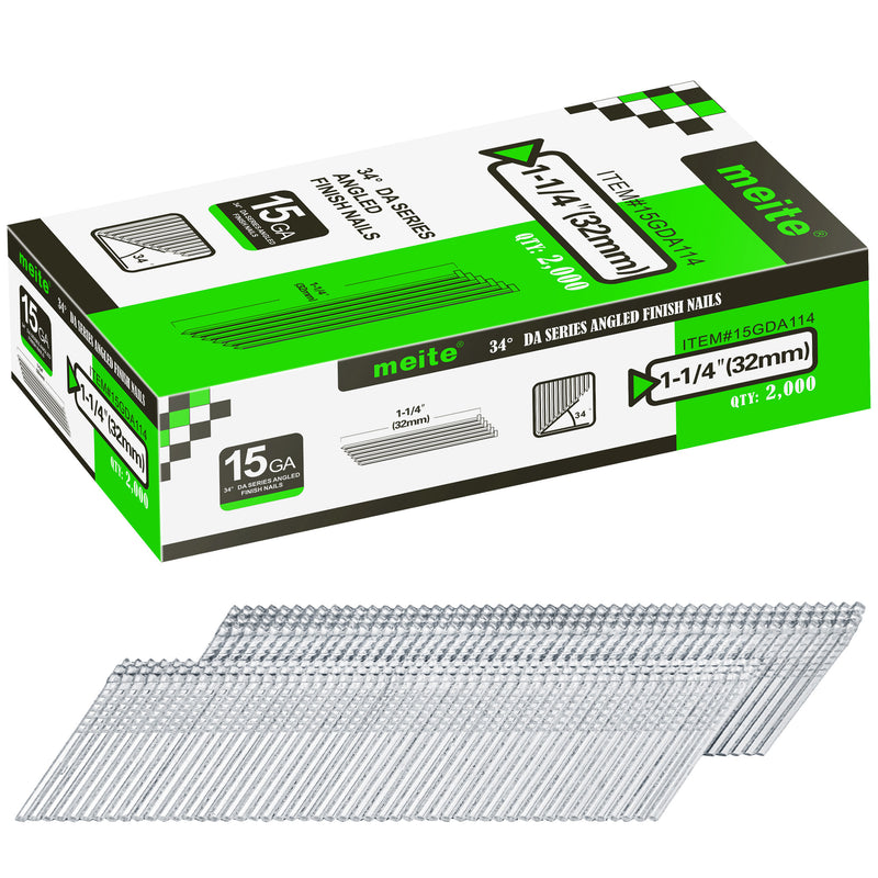 Meite USA 1-1/4 inch 15 gauge 34 degree angled finish nails, galvanized collated strips in a 2,000-count box