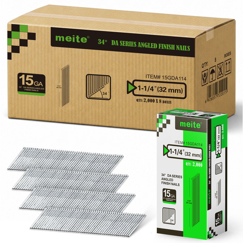 Case of Meite USA 1-1/4 inch 32 mm angled finish nails containing 8 retail boxes of 2,000 nails each, with one inner box displayed