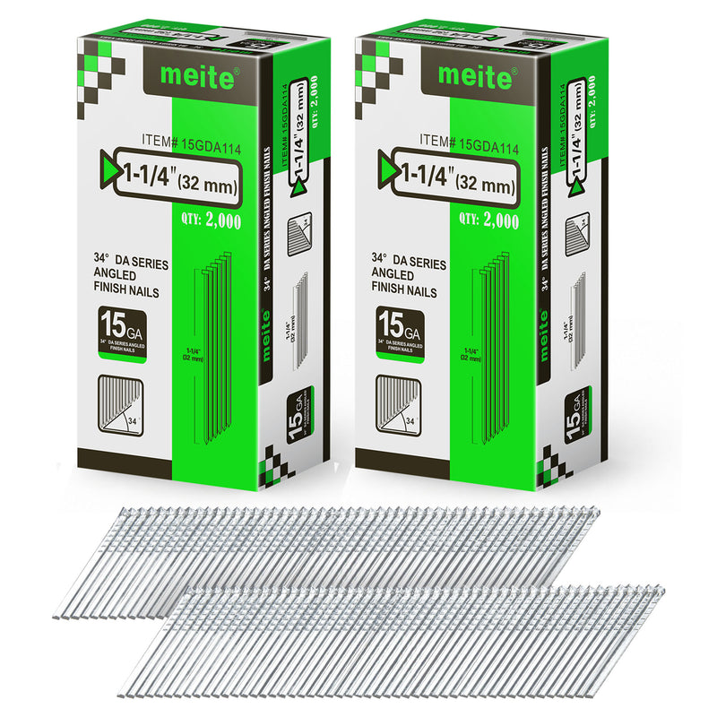 Two retail boxes of Meite USA 1-1/4 inch 32 mm 15 gauge 34 degree angled finish nails, 2,000 galvanized nails per box