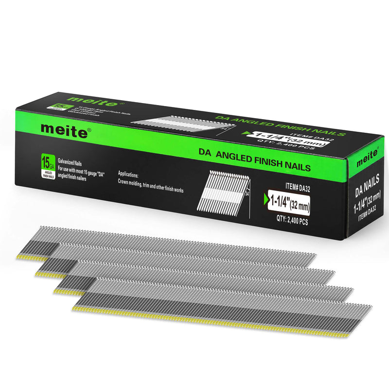 Meite USA 1-1/4 inch 32 mm D-head angled finish nails with galvanized glue-collated strips and 2,400-count retail box